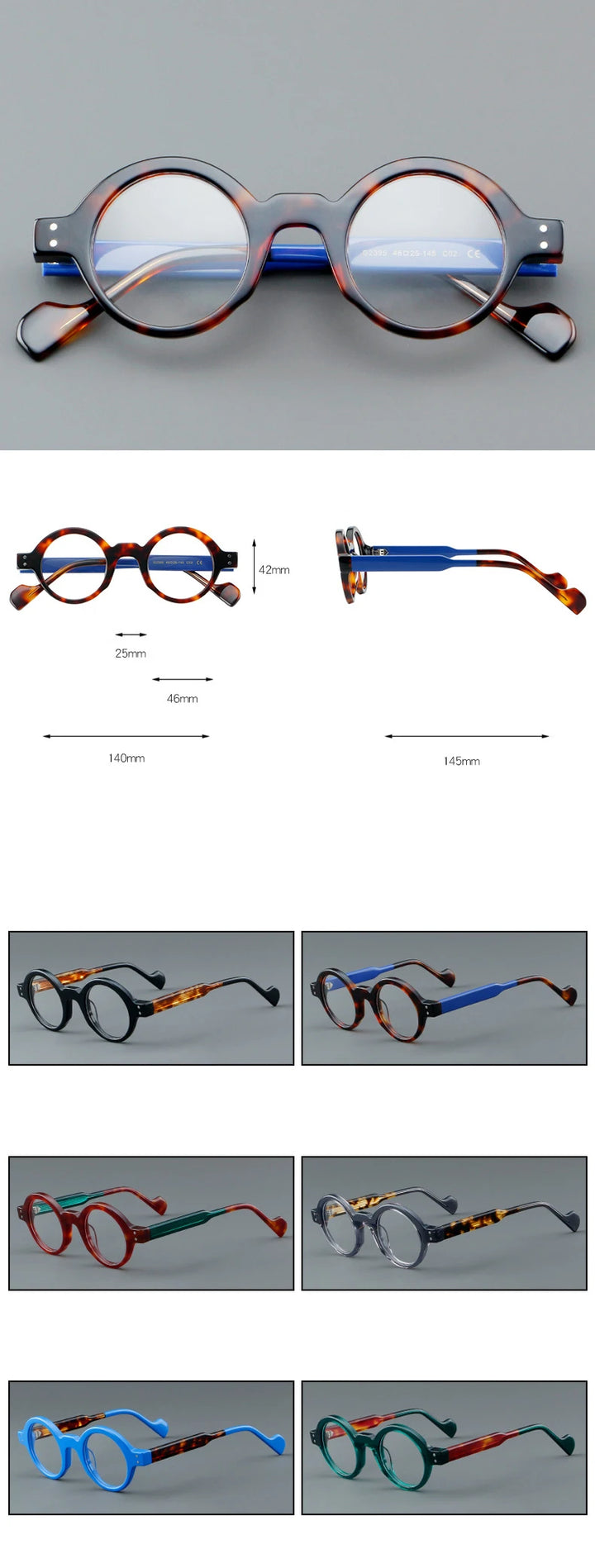 CCspace Unisex Full Rim Round Acetate Eyeglasses 57257 Full Rim CCspace