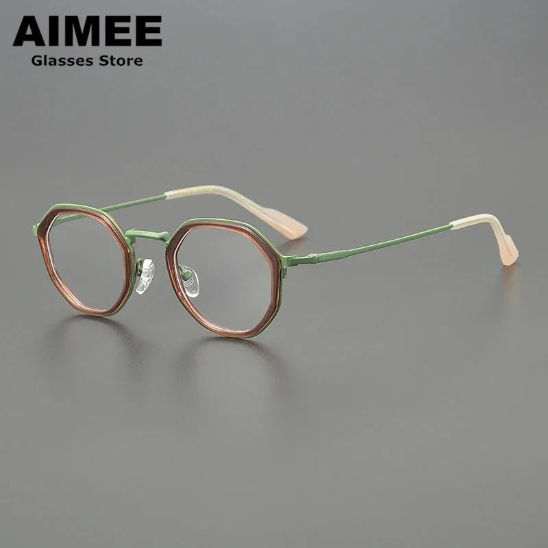 Aimee Unisex Full Rim Round Polygon Titanium Acetate Eyeglasses 14023 Full Rim Aimee Coffe-Green