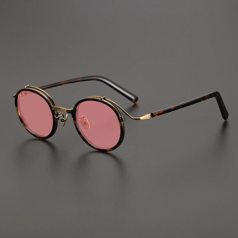 Gatenac Unisex Full Rim Round Polarized Acetate Titanium Sunglasses Mo12 Sunglasses Gatenac Tortoiseshell Pink