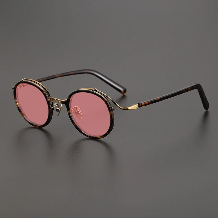 Gatenac Unisex Full Rim Round Polarized Acetate Titanium Sunglasses Mo12 Sunglasses Gatenac Tortoiseshell Pink