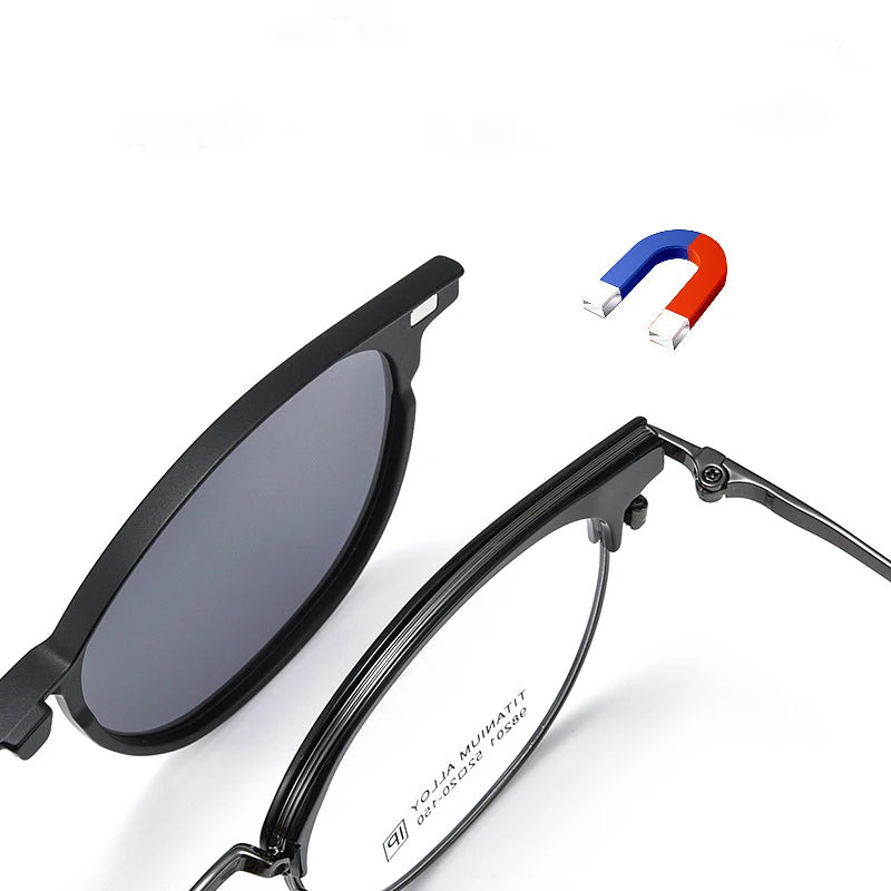Bclear Unisex Full Rim Round Alloy Eyeglasses Clip On Polarized Sunglasses 9820 With Clip Ons Bclear