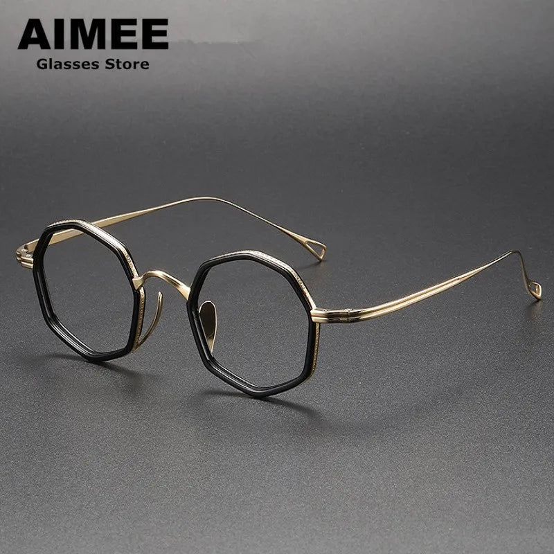 Aimee Unisex Full Rim Polygon Round Titanium Acetate Eyeglasses 80872 Full Rim Aimee Black-Golden