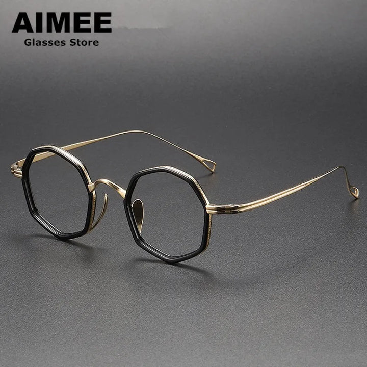 Aimee Unisex Full Rim Polygon Round Titanium Acetate Eyeglasses 80872 Full Rim Aimee Black-Golden