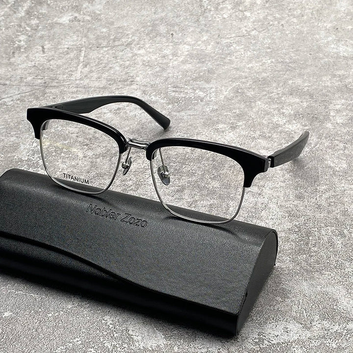 Nobler Unisex Semi Rim Large Square Titanium Acetate Eyeglasses M96 Semi Rim Nobler