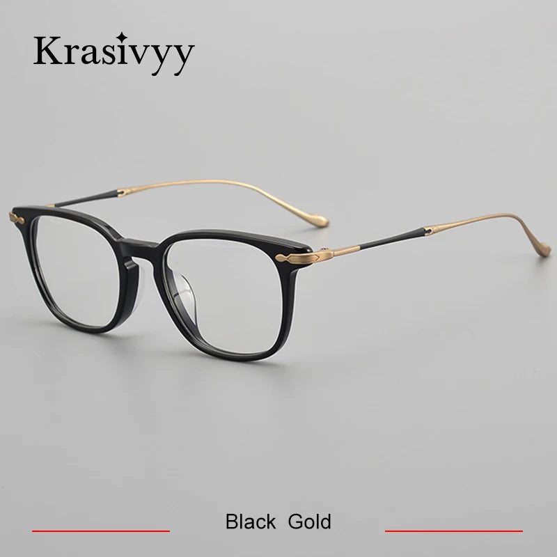 Krasivyy Unisex Full Rim Square Acetate Titanium Eyeglasses 65888 Full Rim Krasivyy Black Gold
