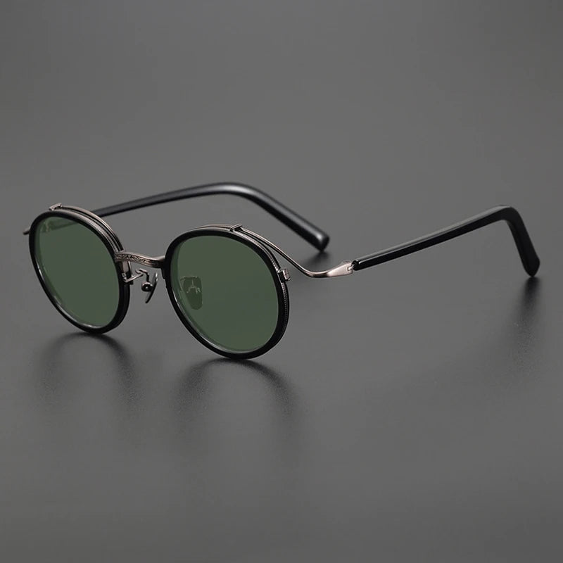 Gatenac Unisex Full Rim Round Polarized Acetate Titanium Sunglasses Mo12 Sunglasses Gatenac Black Green