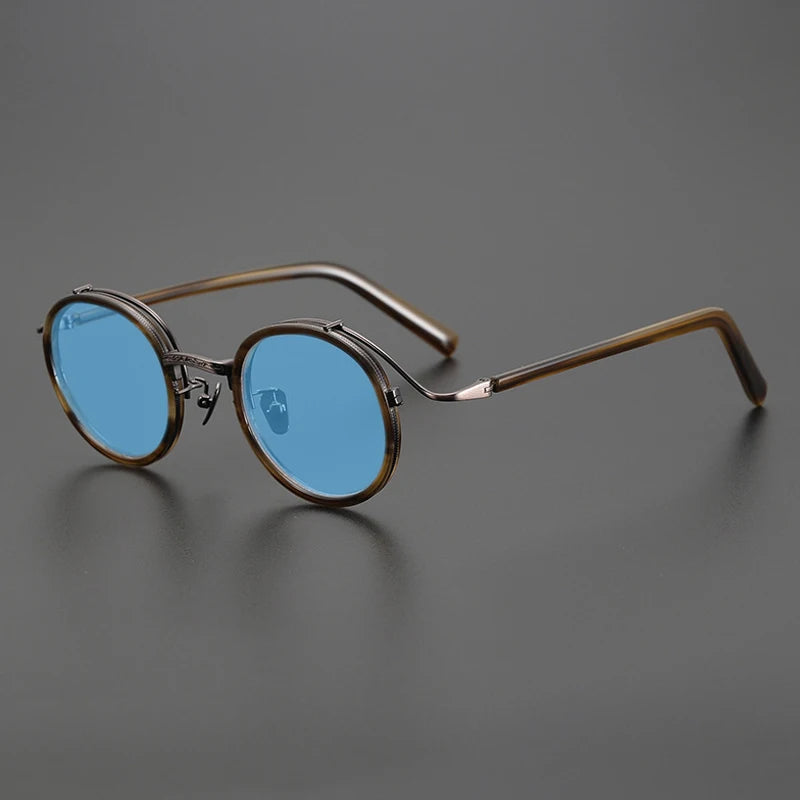 Gatenac Unisex Full Rim Round Polarized Acetate Titanium Sunglasses Mo12 Sunglasses Gatenac Stripe Blue