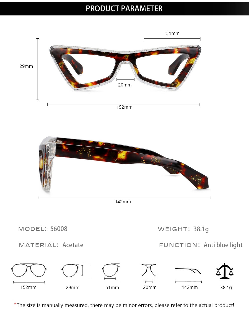 CCspace Unisex Full Rim Big Square Cat Eye Acetate Eyeglasses 56008 Full Rim CCspace