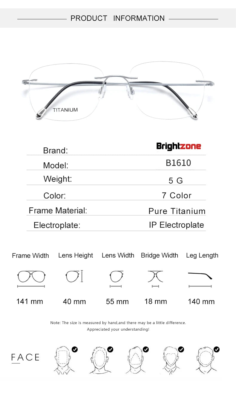 Brightzone Unisex Rimless Oval Square Titanium Eyeglasses 71610 Rimless Brightzone
