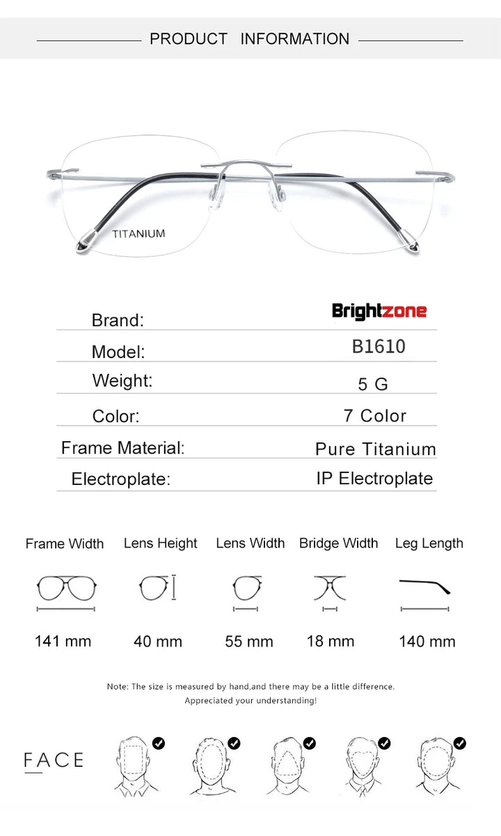 Brightzone Unisex Rimless Oval Square Titanium Eyeglasses 71610 Rimless Brightzone