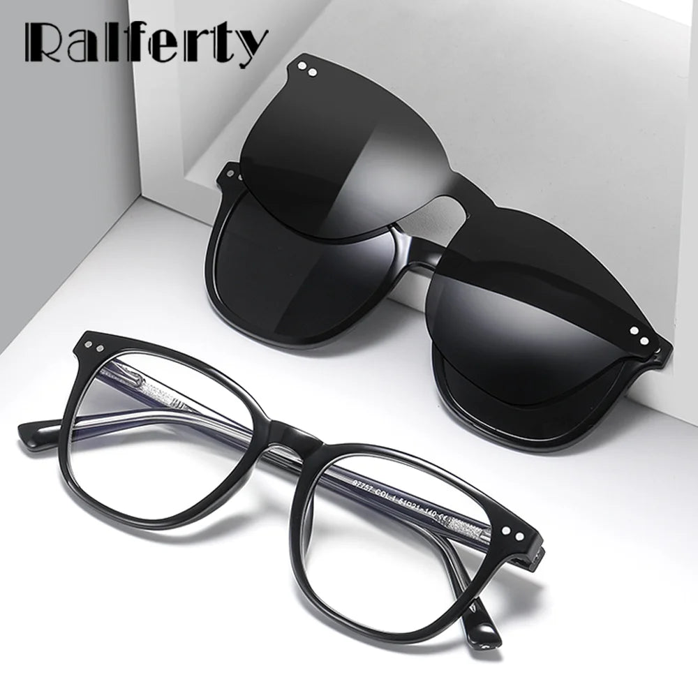 Ralferty Unisex Full Rim Square Tr 90 Eyeglasses Clip On Sunglasses 97757