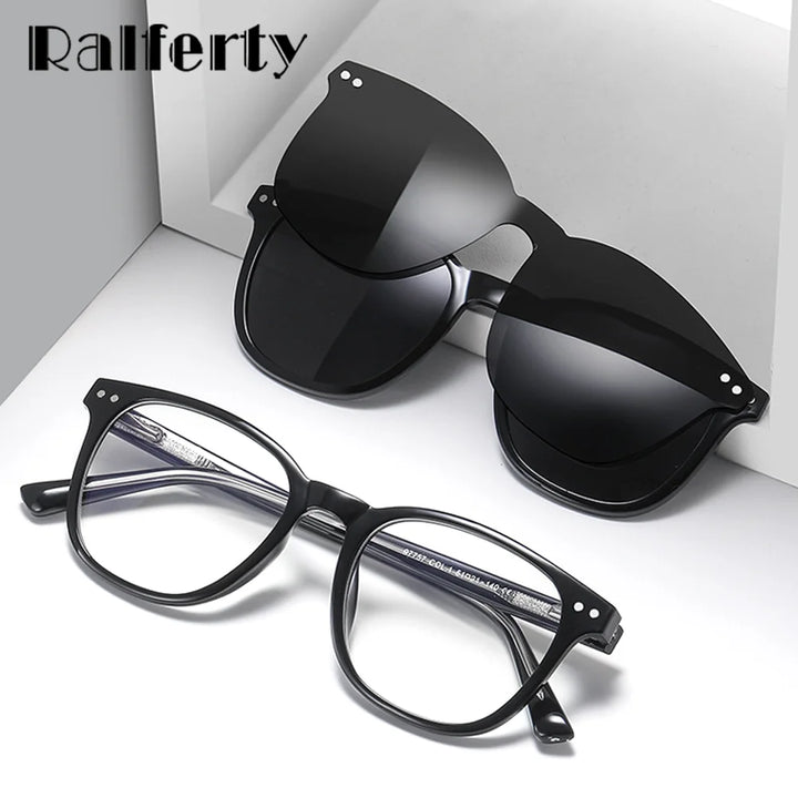 Ralferty Unisex Full Rim Square Tr 90 Eyeglasses Clip On Sunglasses 97757