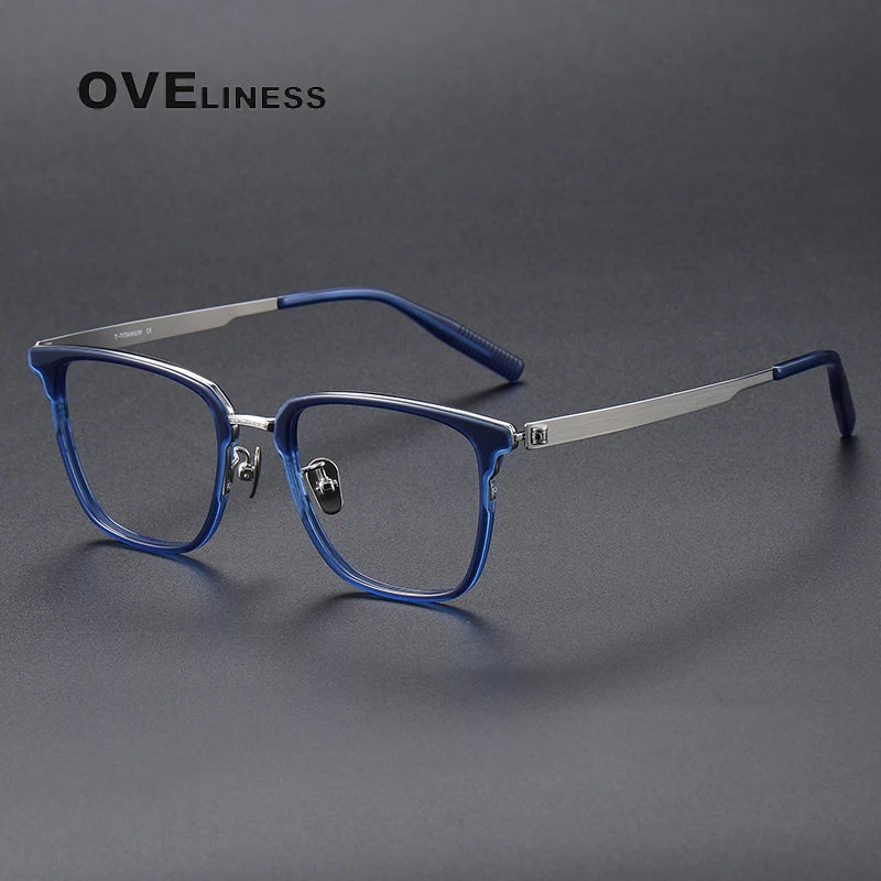 Oveliness Unisex Full Rim Square Acetate Titanium Eyeglasses 80978 Full Rim Oveliness blue silver  