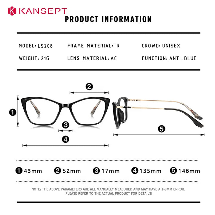 Kansept Women's Full Rim Square Tr 90 Alloy Reading Glasses 62208