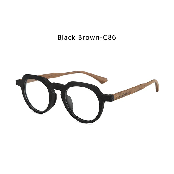 Hdcrafter Unisex Full Rim Flat Top Round Wood Eyeglasses 2310 Full Rim Hdcrafter Eyeglasses Black-Brown-C86