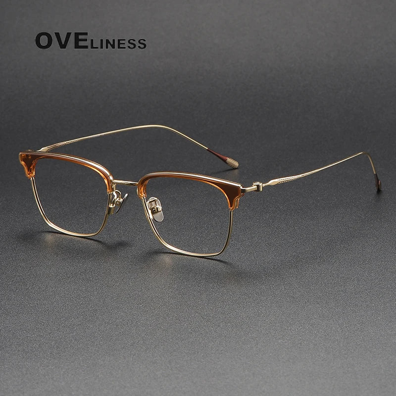 Oveliness Unisex Full Rim Cat Eye Acetate Titanium Eyeglasses 80896 Full Rim Oveliness tea gold  