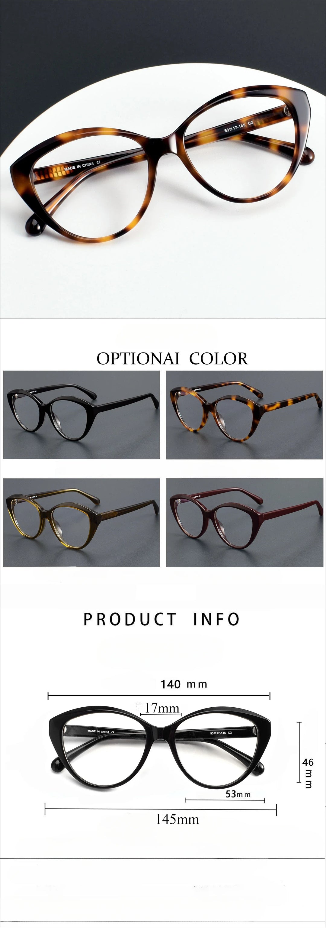 Hewei Unisex Full Rim Oval Cat Eye Acetate Eyeglasses 83464 Full Rim Hewei