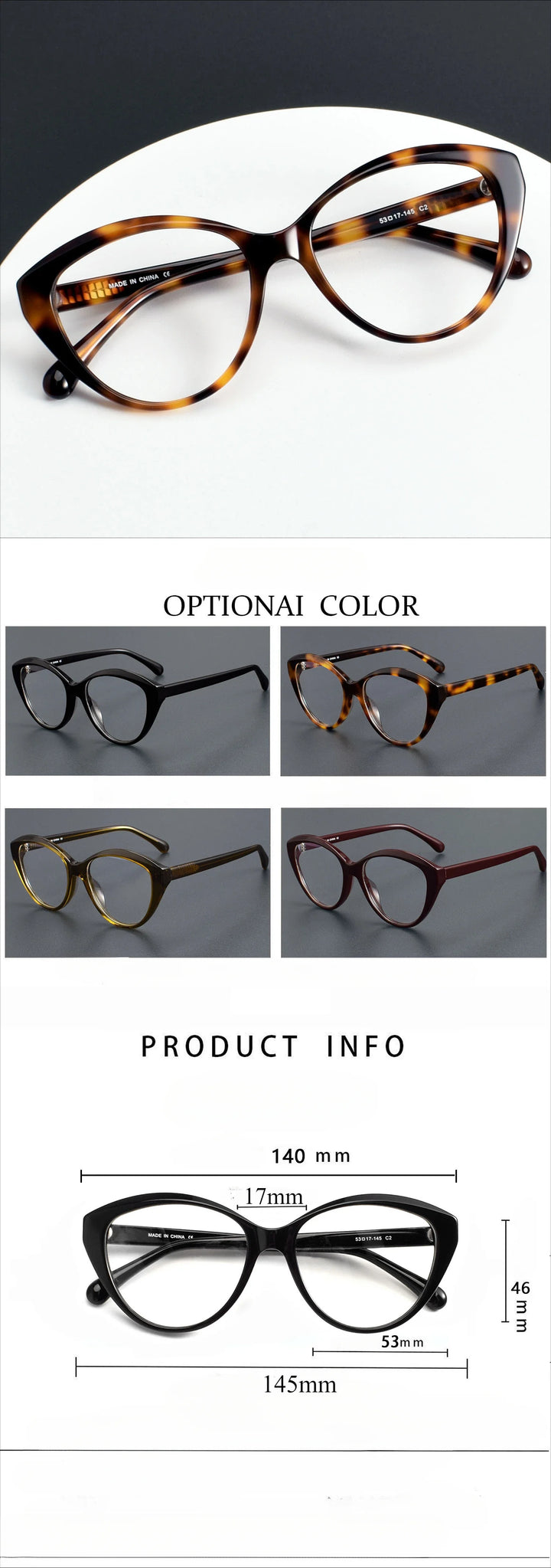 Hewei Unisex Full Rim Oval Cat Eye Acetate Eyeglasses 83464 Full Rim Hewei