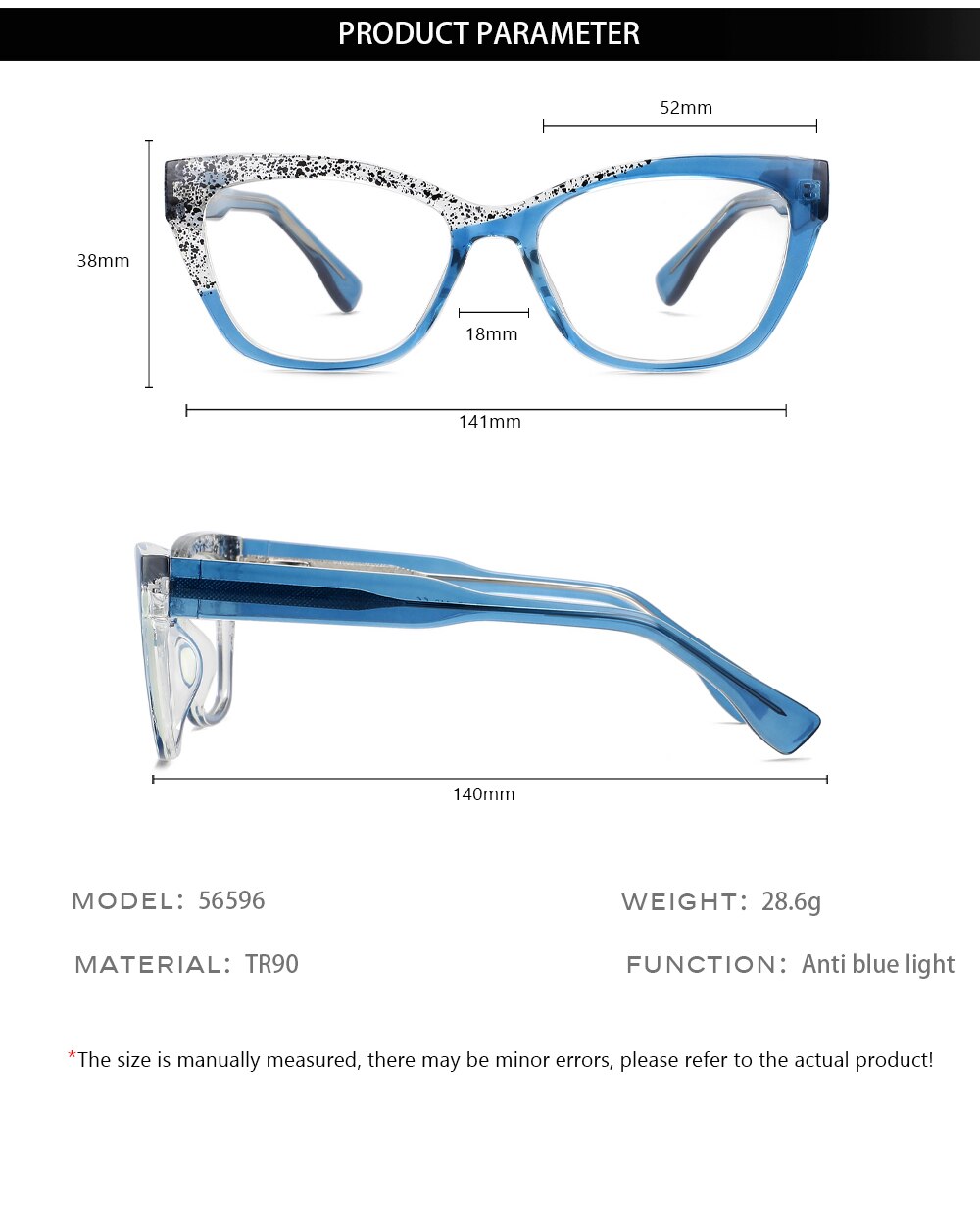 CCspace Unisex Full Rim Square Cat Eye Tr 90 Titanium Eyeglasses 56596 Full Rim CCspace