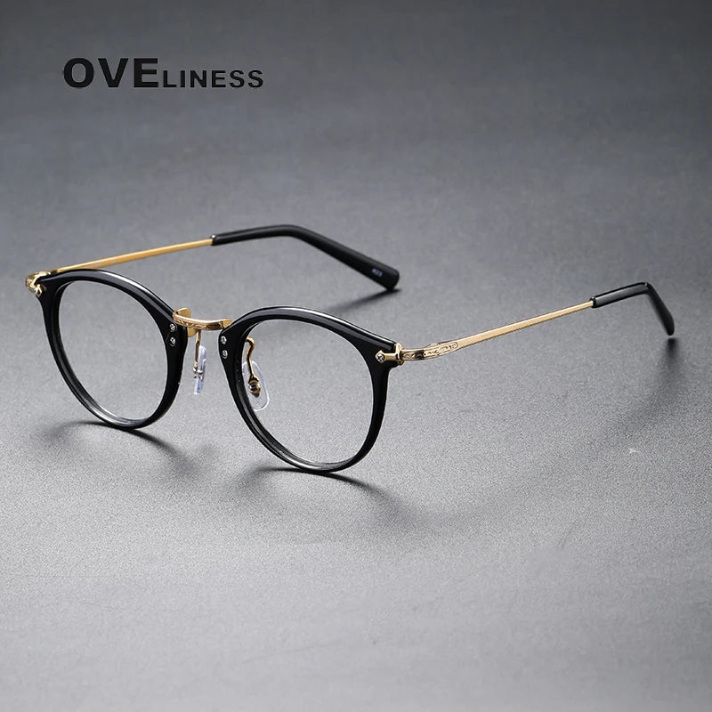Oveliness Unisex Full Rim Round Acetate Titanium Eyeglasses C805 Full Rim Oveliness s black gold