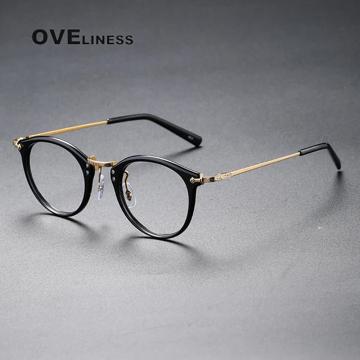 Oveliness Unisex Full Rim Round Acetate Titanium Eyeglasses C805 Full Rim Oveliness s black gold