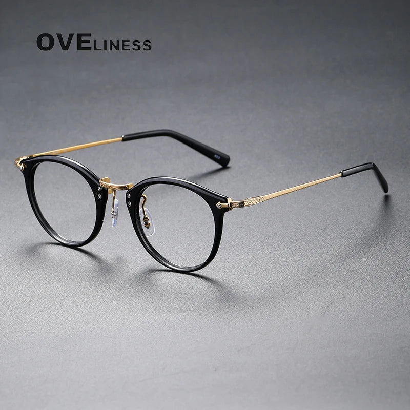 Oveliness Unisex Full Rim Round Acetate Titanium Eyeglasses C805 Full Rim Oveliness s black gold  