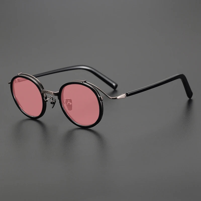 Gatenac Unisex Full Rim Round Polarized Acetate Titanium Sunglasses Mo12 Sunglasses Gatenac Black Pink