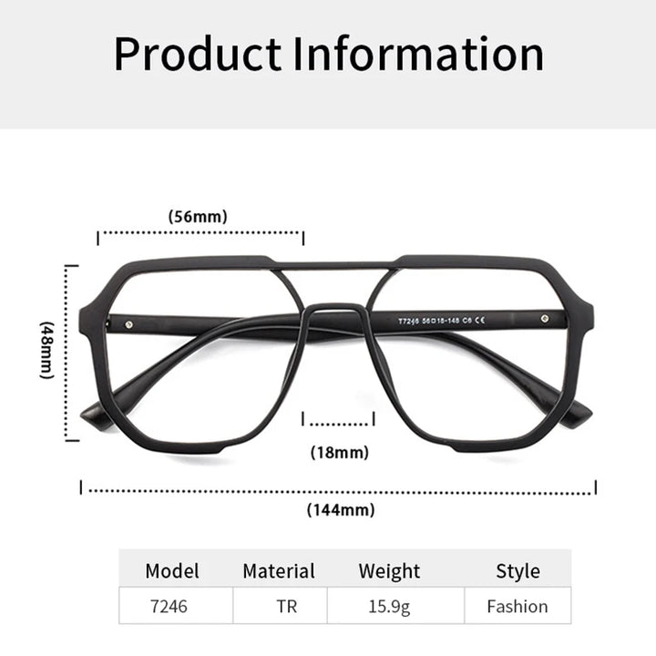 Xbora Unisex Full Rim Square Double Bridge Tr 90 Alloy Eyeglasses 7246