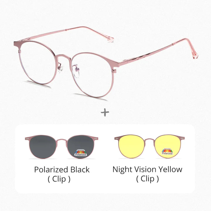 Ralferty Unisex Full Rim Round Alloy Eyeglasses Clip On Polarized Sunglasses R8010 With Clip Ons Ralferty C4PinkFrame 2Clip CHINA