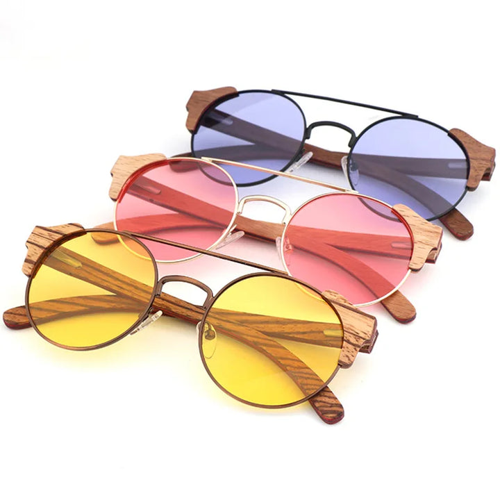 Hdcrafter Unisex Full Rim Round Alloy Wood Sunglasses 56229 Sunglasses HdCrafter Sunglasses   