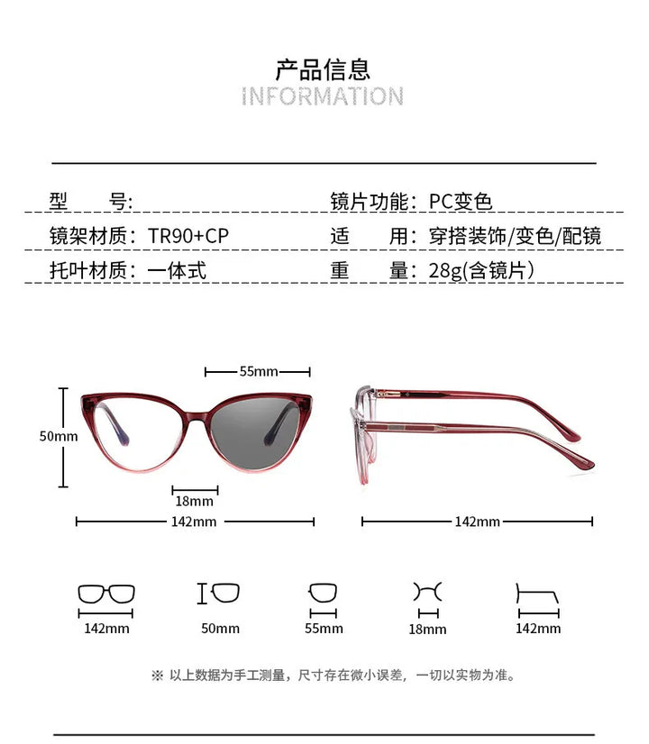 CCspace Women's Full Rim Cat Eye Tr 90 Titanium Photochromic Reading Glasses 311155