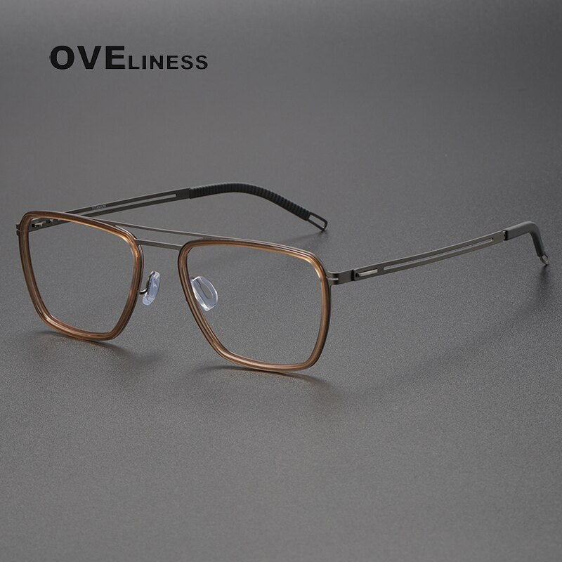 Oveliness Unisex Full Rim Square Double Bridge Titanium Eyeglasses 8202311 Full Rim Oveliness brown gun