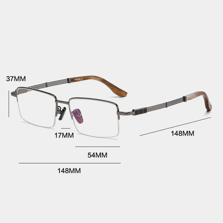 Gatenac Men's Semi Rim Square Titanium Horn Temple Eyeglasses Gxyj1498 Semi Rim Gatenac
