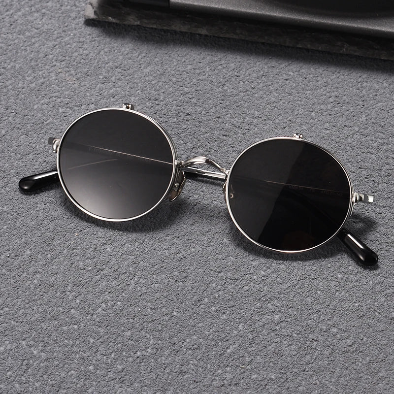 Black Mask Unisex Semi Rim Round Titanium Flip Up Polarized Sunglasses Eyeglasses K54 Semi Rim Black Mask Silver