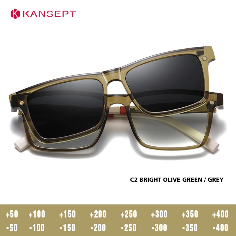 Kansept Unisex Full Rim Square Tr 90 Alloy Reading Glasses Clip On Sunglasses 57703