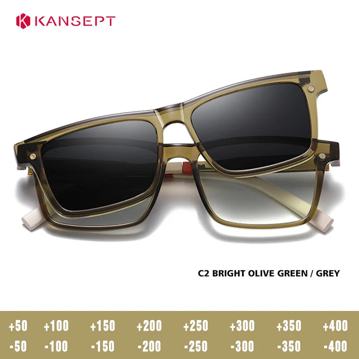 Kansept Unisex Full Rim Square Tr 90 Alloy Reading Glasses Clip On Sunglasses 57703