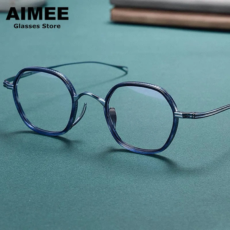 Aimee Unisex Full Rim Polygon Oval Titanium Acetate Eyeglasses 480807 Full Rim Aimee Blue-Tortoise
