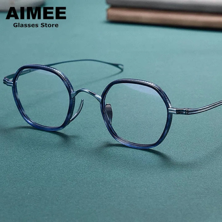 Aimee Unisex Full Rim Polygon Oval Titanium Acetate Eyeglasses 480807 Full Rim Aimee Blue-Tortoise