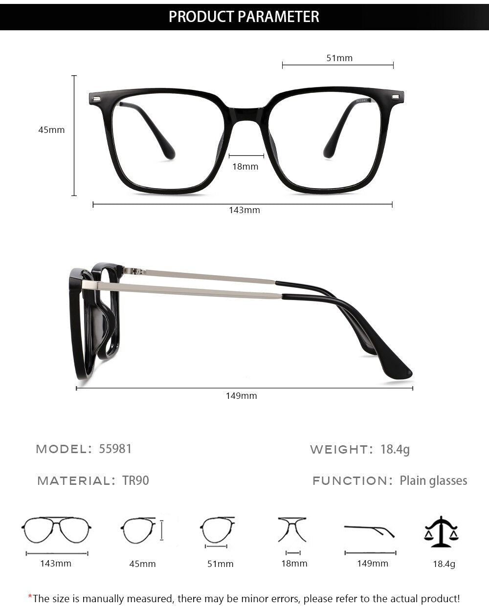 CCspace Unisex Full Rim Square Tr 90 Titanium Eyeglasses 55981 Full Rim CCspace