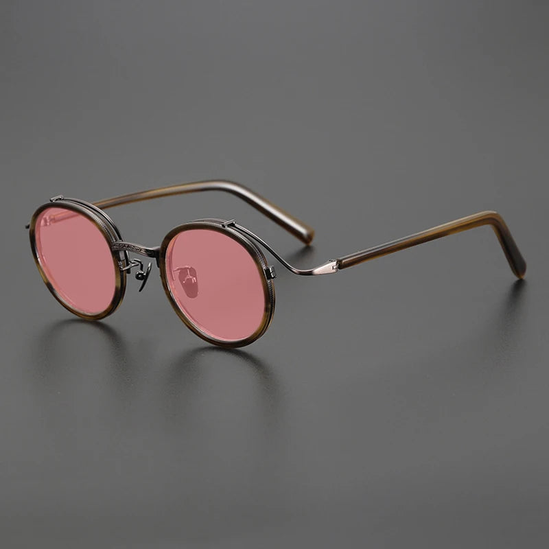 Gatenac Unisex Full Rim Round Polarized Acetate Titanium Sunglasses Mo12 Sunglasses Gatenac Stripe Pink