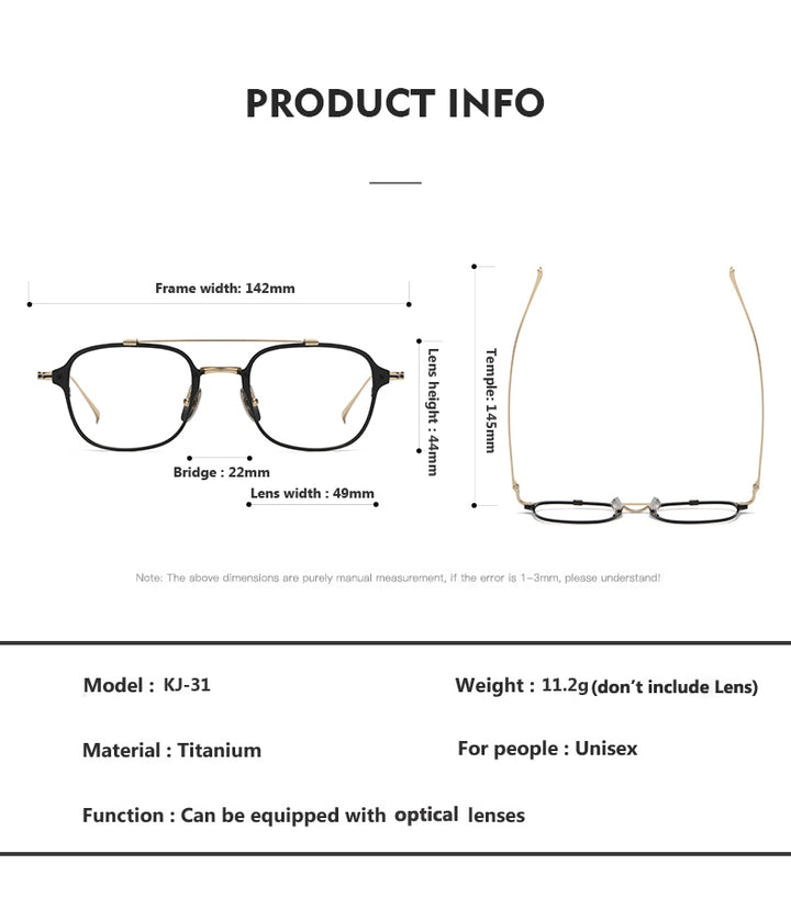 Oveliness Unisex Full Rim Square Double Bridge Titanium Eyeglasses Kj31 Full Rim Oveliness