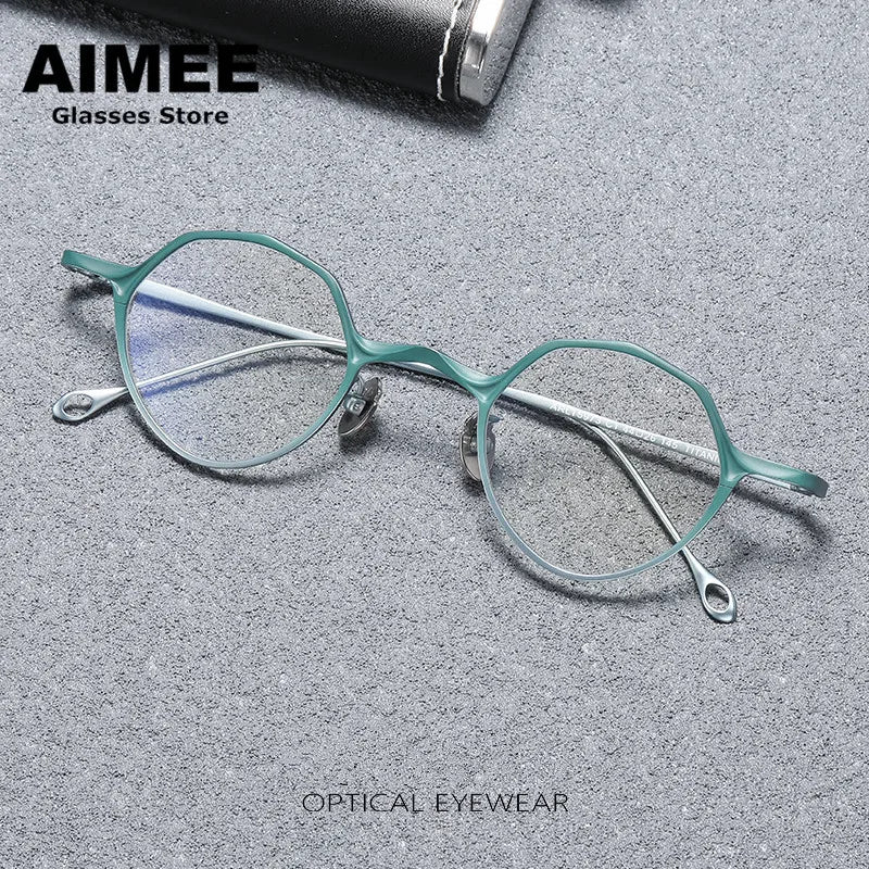 Aimee Unisex Full Rim Polygon Round Titanium Eyeglasses 5973 Full Rim Aimee Green-Silver