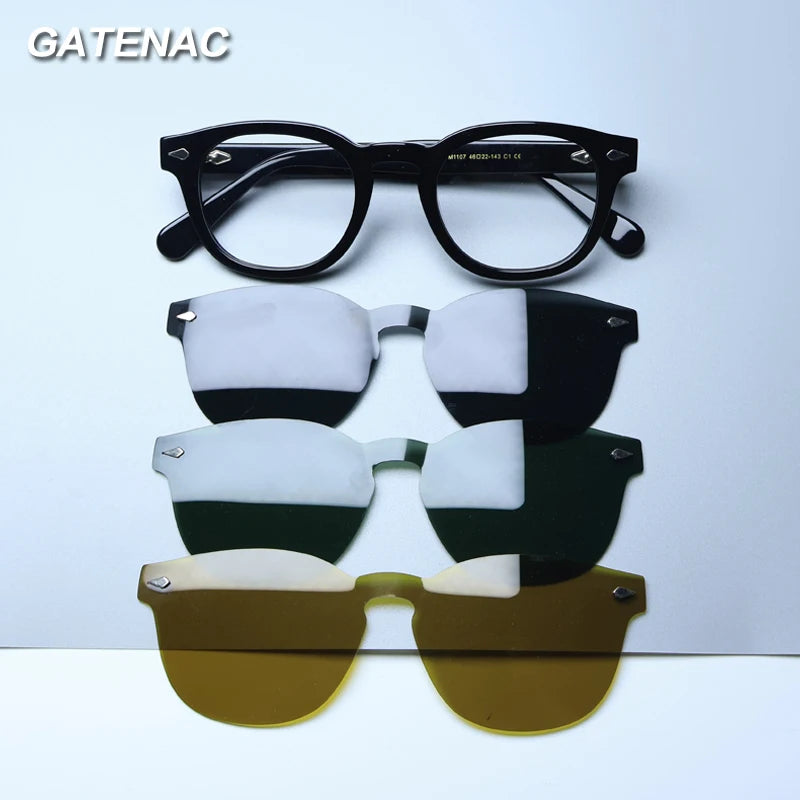 Gatenac Unisex Full Rim Round Acetate Eyeglasses Polarized Clip On Sunglasses 1145 With Clip Ons Gatenac