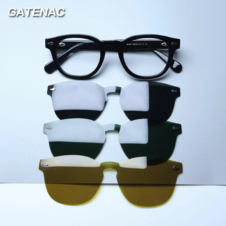 Gatenac Unisex Full Rim Round Acetate Eyeglasses Polarized Clip On Sunglasses 1145 With Clip Ons Gatenac