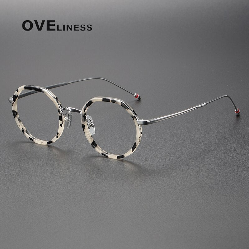 Oveliness Unisex Full Rim Flat Top Round Acetate Titanium Eyeglasses Tbx911 Full Rim Oveliness tortoise white  