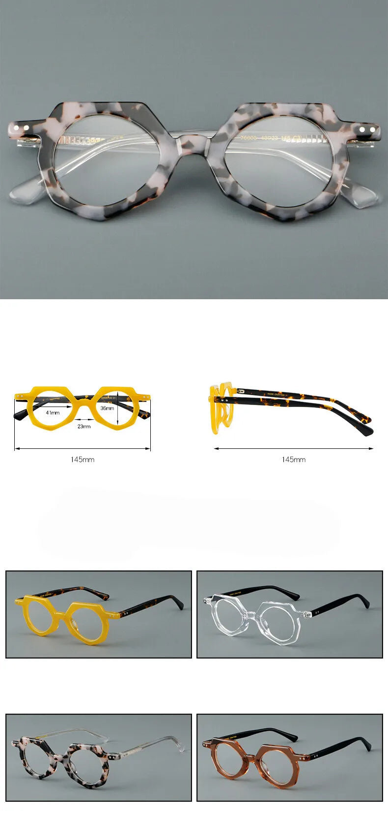 CCspace Unisex Full Rim Flat Top Polygon Round Acetate Eyeglasses 2473 Full Rim CCspace