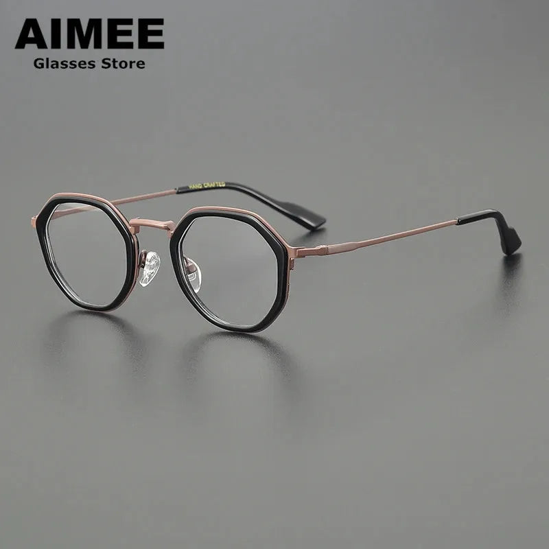 Aimee Unisex Full Rim Round Polygon Titanium Acetate Eyeglasses 14023 Full Rim Aimee Black-Coffe