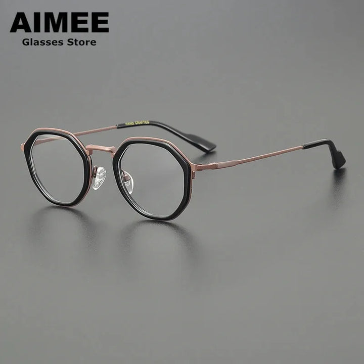 Aimee Unisex Full Rim Round Polygon Titanium Acetate Eyeglasses 14023 Full Rim Aimee Black-Coffe