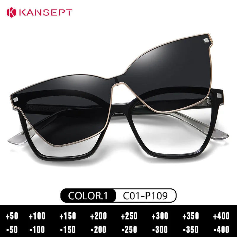 Kansept Women's Full Rim Square Tr 90 Reading Glasses Clip On Sunglasses 87802