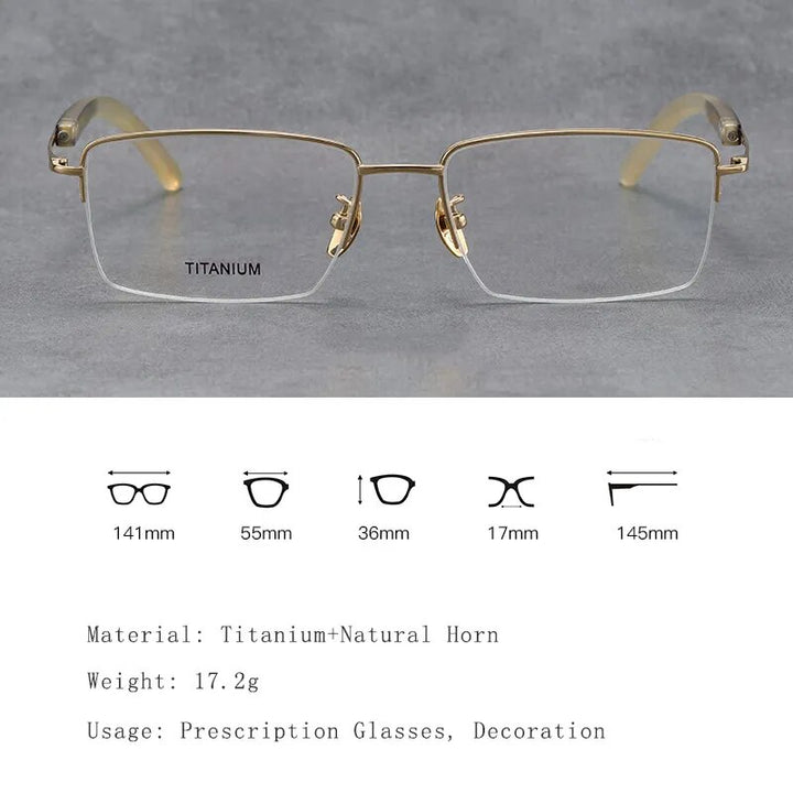 Hdcrafter Men's Semi Rim Square Titanium Horn Temple Eyeglasses H2302 Semi Rim Hdcrafter Eyeglasses